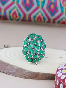 I Jewels Silver-Plated Kundan-Studded Oxidised Finger Ring