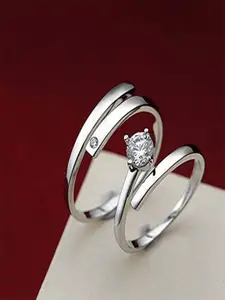 I Jewels Set Of 2 Silver-Plated AD-Studded Couple Adjustable Finger Rings
