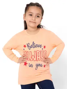 Bodycare Kids Girls Peach Typography Printed Round Neck Full Sleeves Cotton T-shirt