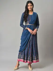 W Blue Ethnic Motifs Ethnic Maxi Dress