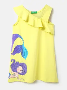 United Colors of Benetton Girls Graphic Print Asymmetric Neck A-Line Cotton Dress