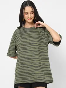 VASTRADO Women Striped Drop-Shoulder Sleeves Oversized Cotton T-shirt