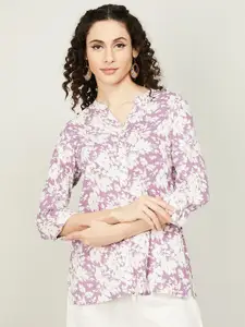 Melange by Lifestyle Floral Print Band Collar Shirt Style Top