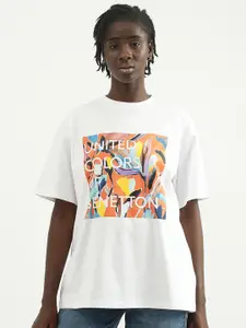 United Colors of Benetton Women Typography Printed Drop-Shoulder Sleeves Cotton T-shirt
