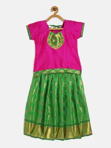 Baby Lakshmi Girls Pink & Green Patchwork Ready to Wear Lehenga &