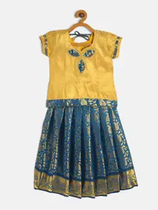 Baby Lakshmi Girls Blue & Gold-Toned Patchwork Ready to Wear Pavadai Set