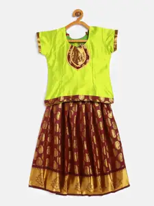 Baby Lakshmi Girls Green & Brown Patchwork Ready to Wear Pavadai Set