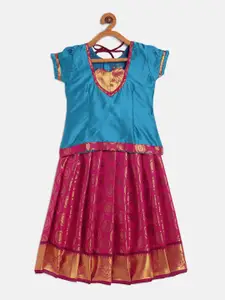 Baby Lakshmi Girls Blue & Pink Patchwork Ready to Wear Lehenga &