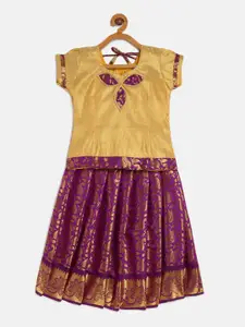 Baby Lakshmi Girls Gold-Toned & Purple Patchwork Ready to Wear Lehenga &