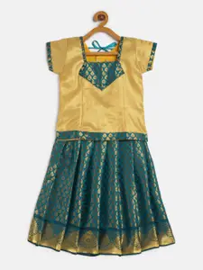 Baby Lakshmi Girls Gold-Toned & Green Patchwork Ready to Wear Lehenga &
