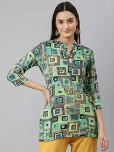 MALHAAR Geometric Print Band Collar Shirt Style Top
