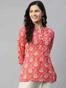 MALHAAR Floral Print Band Collar Pure Cotton Top
