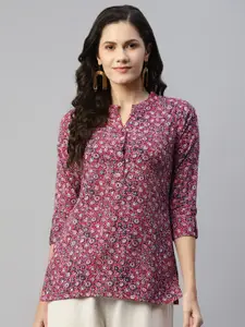 MALHAAR Print Band Collar Roll-Up Sleeves Pure Cotton Shirt Style Top