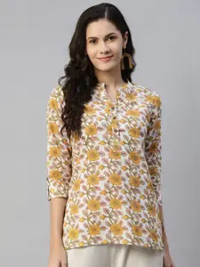MALHAAR White Floral Print Band Collar Roll-Up Sleeves Pure Cotton Top