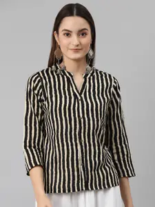 MALHAAR Striped Band Collar Pure Cotton Shirt Style Top