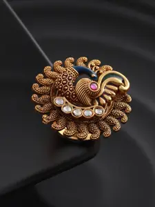 Priyaasi Women Gold-Plated Stone Studded Peacock Adjustable Finger Ring