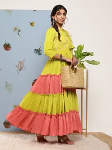 Inddus Green & Pink Colourblocked Colourblocked Tie-Up Neck Ethnic Maxi Dress