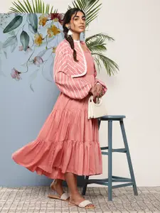 Inddus Pink Striped Layered Ethnic Midi Dress