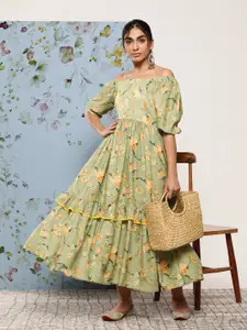 Inddus Floral Off-Shoulder Tiered Maxi Dress