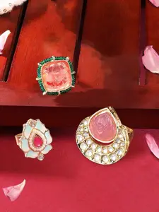 Zaveri Pearls Set Of 3 Gold-Plated Stone Studded & Beaded Finger Rings