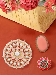 Zaveri Pearls Set Of 3 Gold-Plated Kundan Studded & Beaded Meenakari Finger Rings