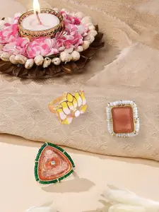 Zaveri Pearls Set Of 3 Gold-Plated Kundan Studded & Beaded Adjustable Enamelled Finger Rings