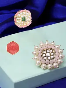 Zaveri Pearls Set Of 3 Gold-Plated Kundan Studded & Beaded Finger Rings