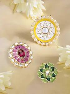 Zaveri Pearls Women Set Of 3 Gold-Plated Kundan-Studded & Meenakari Finger Ring