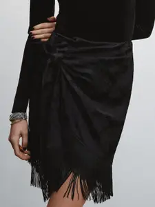 MANGO Satin Fringed Jacquard Mini Skirt