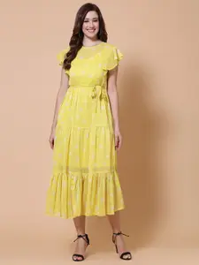 HOUSE OF KKARMA Yellow Floral Crepe Midi Dress