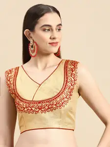 flaher Women Beige & Red Embroidered Art Silk Saree Blouse