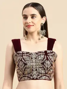 flaher Women Burgundy & Gold-Toned Embroidered Velvet Saree Blouse
