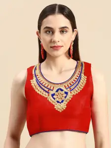 flaher Women Red & Blue Embroidered Art Silk Saree Blouse