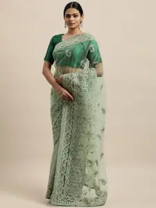 kasee Green & Silver-Toned Paisley Embroidered Net Saree