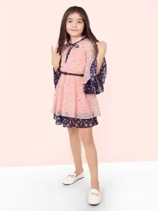 Naughty Ninos Girls Floral Printed Tie-Up Neck Layered Fit & Flare Dress