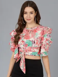 ZNX Clothing Floral Print Ruffles Styled Back Crop Top