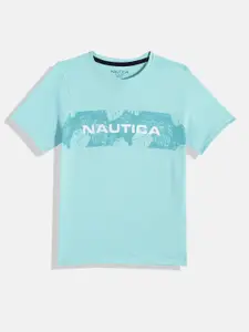 Nautica Boys Blue Brand Logo Print Tropical Knitted Pure Cotton T-shirt