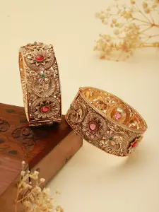 Saraf RS Jewellery Set Of 2 Gold-Plated Stone Studded Floral Bangles