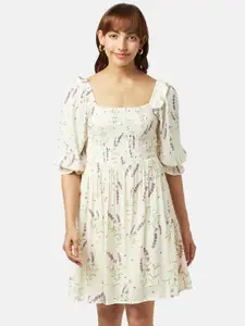 Honey by Pantaloons Floral Printed Smocked Detailed Puff Sleeves Fit & Flare Dress