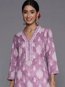 Varanga Lavender Floral Jaipuri Printed V-Neck Cotton Straight Kurta