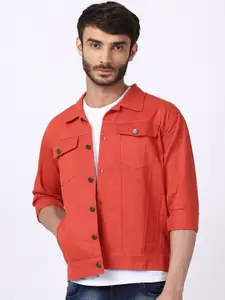 VOXATI Men Solid Cotton Long Sleeves Denim Jacket