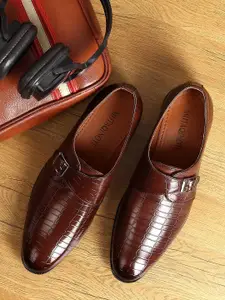 MUTAQINOTI Men Textured Leather Formal Monk Shoes