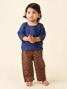 Fabindia Girls Navy Blue & Brown Top with Palazzos