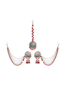 YouBella Oxidised Silver-Plated & Red Beaded Earrings & maang-Tika Set