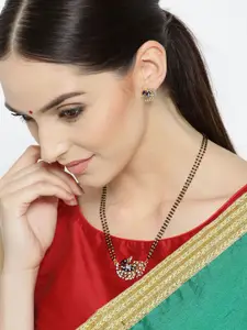 YouBella Gold-Plated Stone-Studded Peacock-Shaped Mangalsutra Earrings Set