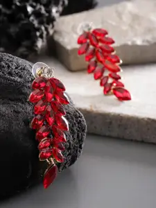 YouBella Gold-Plated Leaf-Shaped Stone-Studded Drop Earrings