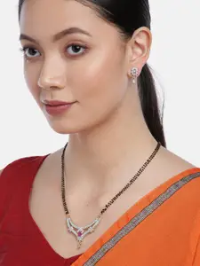 YouBella Gold-Plated Stone-Studded Beaded Mangalsutra With Earrings