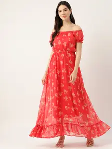 Deewa Coral Floral Off-Shoulder Georgette Maxi Dress