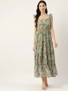 Deewa Green Floral Georgette A-Line Maxi Dress