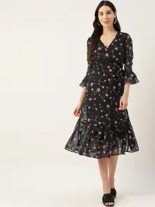 Deewa Black Floral Georgette A-Line Midi Dress